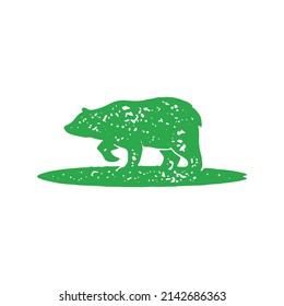 Monochrome hand drawn bear on green grass grunge texture logotype decorative design vector illustration. Simple wild dangerous animal walking outdoor emblem of zoo, wildlife, fauna power isolated