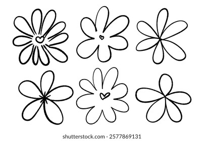 Monochrome hand drawn botanical set on a white background. Vector illustrations of flowers with rough, artistic lines.