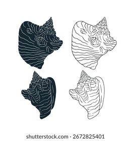 Monochrome hand drawn conch shell vector illustration set. Black silhouette of mollusk clipart bundle isolated on white background