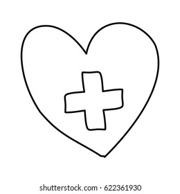 monochrome hand drawn contour of heart with cross inside vector illustration