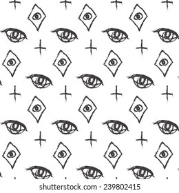 Monochrome hand drawn cross upside down and eyes seamless pattern. 