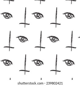 Monochrome hand drawn cross upside down and eye seamless pattern. 