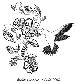 Monochrome hand drawn decorative floral element, hummingbird for coloring page, print, tattoo stock vector illustration