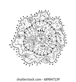 Monochrome hand drawn doodle ornament. unusual flowers, leaves, berries and abstract ornament for coloring book page design