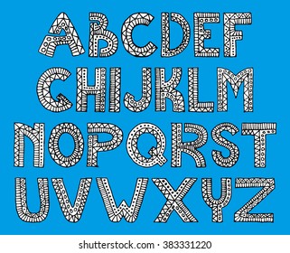 Monochrome hand drawn ethnic tribal letters alphabet set in boho style