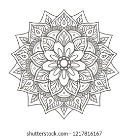 Monochrome hand drawn floral mandala. Anti-stress coloring page for adults. Hand drawn vector illustration.