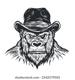 Monocromo dibujado a mano cabeza de gorila en sombrero aislado sobre fondo blanco. Ilustración vectorial para tatuaje, impresión, emblema.