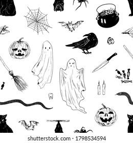Patrón de Halloween dibujado a mano monocromo. Dibujos vectoriales tradicionales del día de Todos los santos y accesorios. Personajes aterradores de la temporada de otoño