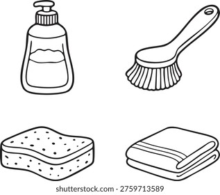 A monochrome hand drawn illustration featuring essential household cleaning tools including a liquid soap dispenser, scrub brush, sponge, and folded towel, representing hygiene, sanitation, and domestic chores.