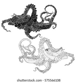 Monochrome hand drawn illustration of octopus.  Design for T-shirt, greeting card or poster.