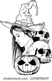 monochrome hand drawn illustration of witch and skull