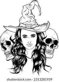 monochrome hand drawn illustration of witch and skulls