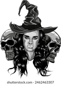 monochrome hand drawn illustration of witch and skulls
