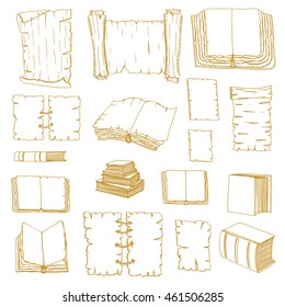 Monochrome Hand Drawn Illustrations of Big Set Books manuscripts. Doodle vector illustration isolated on white background.