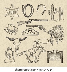 Monochrome hand drawn illustrations of different wild west symbols. Western pictures set isolate. Wild west vintage, cactus and sheriff star vector
