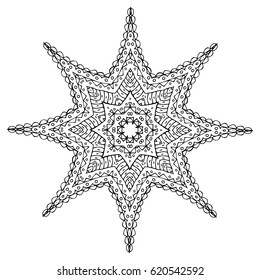 Monochrome hand drawn lace doodle round abstract ornament. openwork pattern with curved lines semicircles and shapes
