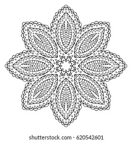 Monochrome hand drawn lace doodle round abstract ornament. openwork pattern with curved lines semicircles and shapes