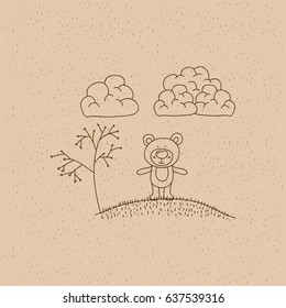 monochrome hand drawn landscape of bear in hill vector illustration