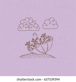 monochrome hand drawn landscape of umbrella with plants in hill vector illustration