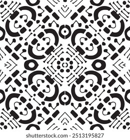 Monochrome hand drawn line seamless pattern on white background. Vector black white mozaic ornament tile for wall or print