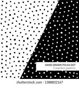 Monochrome hand drawn polka dot seamless pattern set with grunge texture effect on white background. Vector design for fabric, textile, wallpaper, package design.