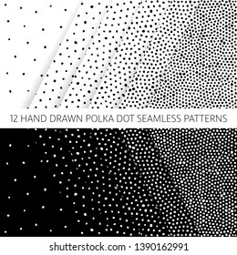 Monochrome hand drawn polka dot seamless pattern set with grunge texture effect on white background. Vector design for fabric, textile, wallpaper, package design.