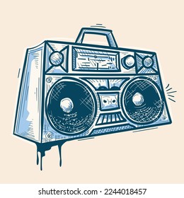 Grabador de cintas de boombox musicales monocromo dibujado a mano retro de los años 80