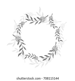 Monochrome hand drawn round frame of Sorbus koehneana. herbal border with branch and berries for your artwork