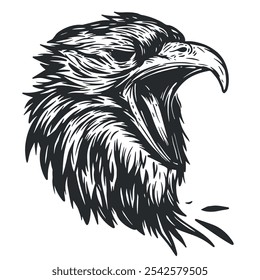 Monochrome hand drawn screaming raven isolated on white background. Vector illustration for tattoo, print, emblem.