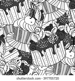 Monochrome Hand drawn seamless pattern cupcakes. vector illustration.