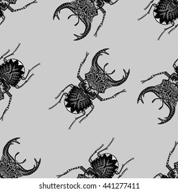 Monochrome Hand drawn seamless pattern with deer beetle. Black and white vector illustration