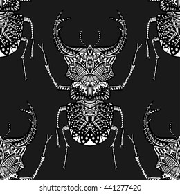 Monochrome Hand drawn seamless pattern with deer beetle. Black and white vector illustration