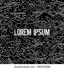 Monochrome hand drawn seamless pattern with doodles elements. Stars and musical instruments on a dark background with place for text.