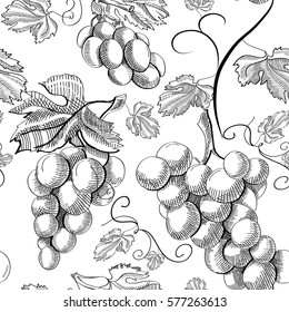 Monochrome hand drawn seamless pattern with repeating bunch of grapes and leaves on white background vector illustration