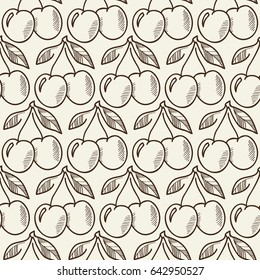 Monochrome hand drawn seamless pattern with repeating cherry branches in sketch design flat vector Illustration