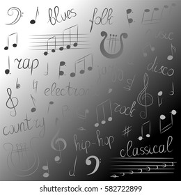 Monochrome Hand Drawn Set of Music Symbols and Styles.Doodle Treble Clef, Bass Clef, Notes and Lyre.Lettering of  Blues, Electronic, Jazz, Rap, Disco, Folk, Country, Rock,Classical.Vector Illustration
