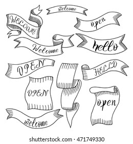 Monochrome Hand drawn set of old vintage ribbon banners and drawing in engraving style with word Welcome, Open and Hello. Vector Illustration