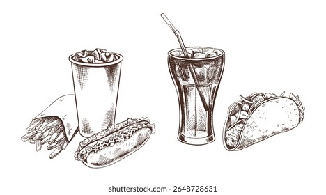 Monochrome hand drawn sketch of classic fast food meal including french fries in paper bag, soda, hotdog and taco. Vintage etching style, isolated vector illustration for cafe or menu design.