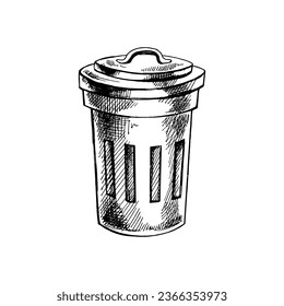 Monochrome hand drawn sketch of trash container. Segregate waste, sorting garbage, waste management. Vector retro illustration. Doodle.