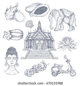 Monochrome hand drawn thailand symbols set with isolated images of thai decorations temple elephant and blockhead vector illustration
