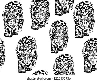 Monochrome hand drawn tiger or leopard sketches, seamless vector pattern