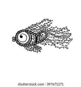 Monochrome Hand drawn vector fish  in doodle style. It can be used for prints, logos, illustrations. 