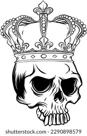 monochrome Hand drawn vector illustration of king skull