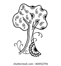 Monochrome Hand drawn vector tree and flower in doodle style. It can be used for prints, logos, illustrations.