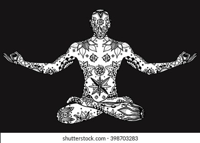 Monochrome Hand drawn vector Yoga lotus pose with floral elements in black and white doodle style. Pattern for coloring book