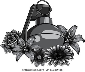 Granada de mano monocroma con Ilustración vectorial floral.