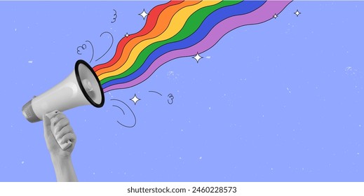 Monochrome hand holding megaphone with rainbow appearing symbolizing freedom of love and LGBT rights. against purple background. Contemporary art collage. LGBT, equality, pride month, support, love