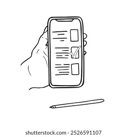 Monochrome hand holding vertically phone with open document to fill consent, vote with stylus vector isolated sketch painted by black inks. Register application with checkmark on mobile device.