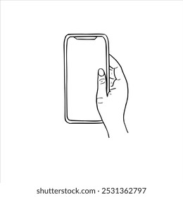 Monochrome hand holding vertically phone with white display vector isolated sketch painted by black inks. Empty spice on mobile device for any text hand drawn illustration for poster