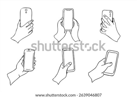 Monochrome hand holding vertically phone with white display vector isolated sketch painted by black inks. Empty spice on mobile device for any text hand drawn illustration for poster